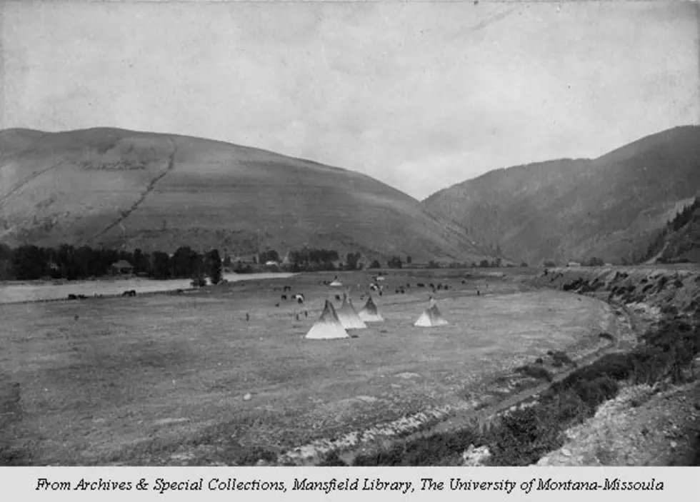 A Native American camp site near the Clark Fork River and what today is downtown Missoula. (Mansfield Library)