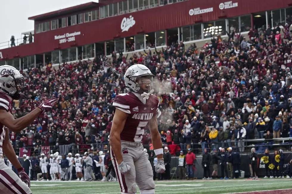 Junior Bergen celebrates a touchdown against Montana State. (William Munoz/Missoula Current)