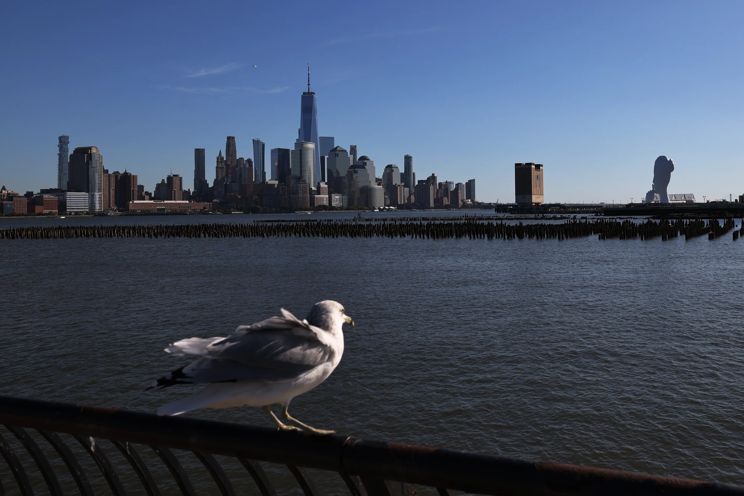 Spanish Artist Jaume Plensa's "Water's Soul" Sculpture Sits At Bank Of Hudson River Facing Manhattan