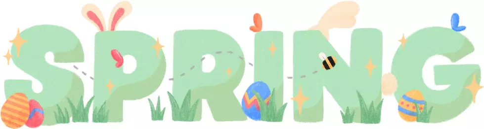 Text of Spring with bunny ears, easter eggs and butterflies