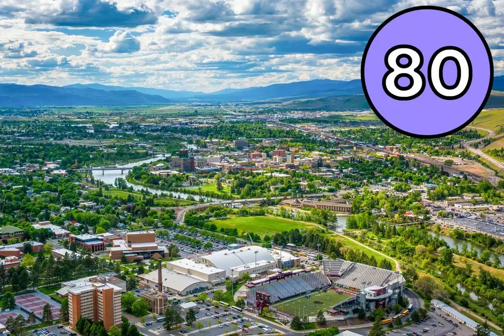 a city view of Missoula, MT with a graphic of the number 80 over the top