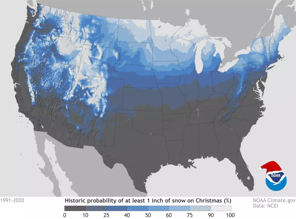 A map showing the chance of snow over Christmas in America