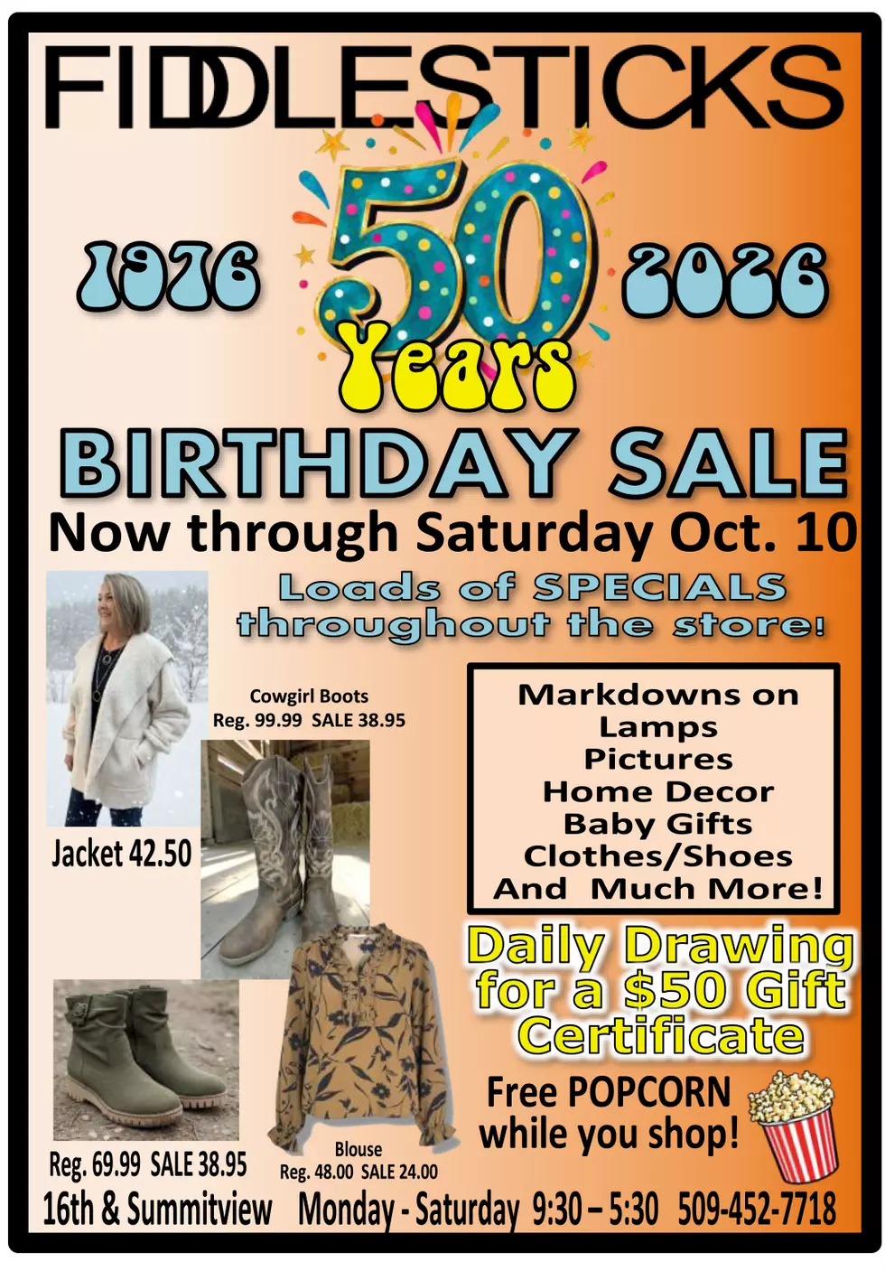 Fiddlesticks 50th Birthday Sale Flyer