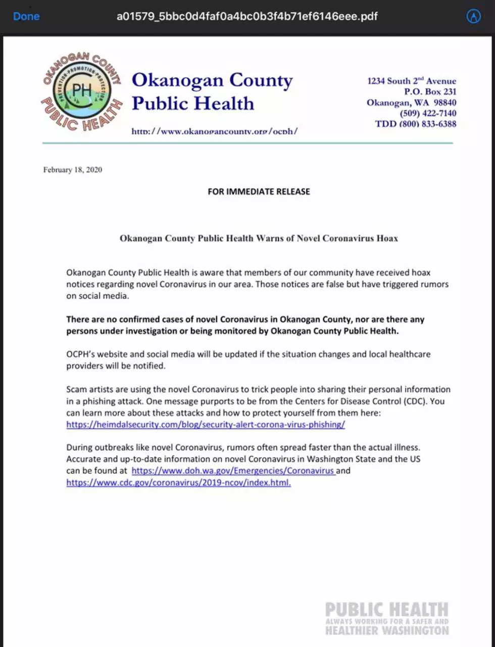 Okanogan County Public Health Warns of Coronavirus Scam