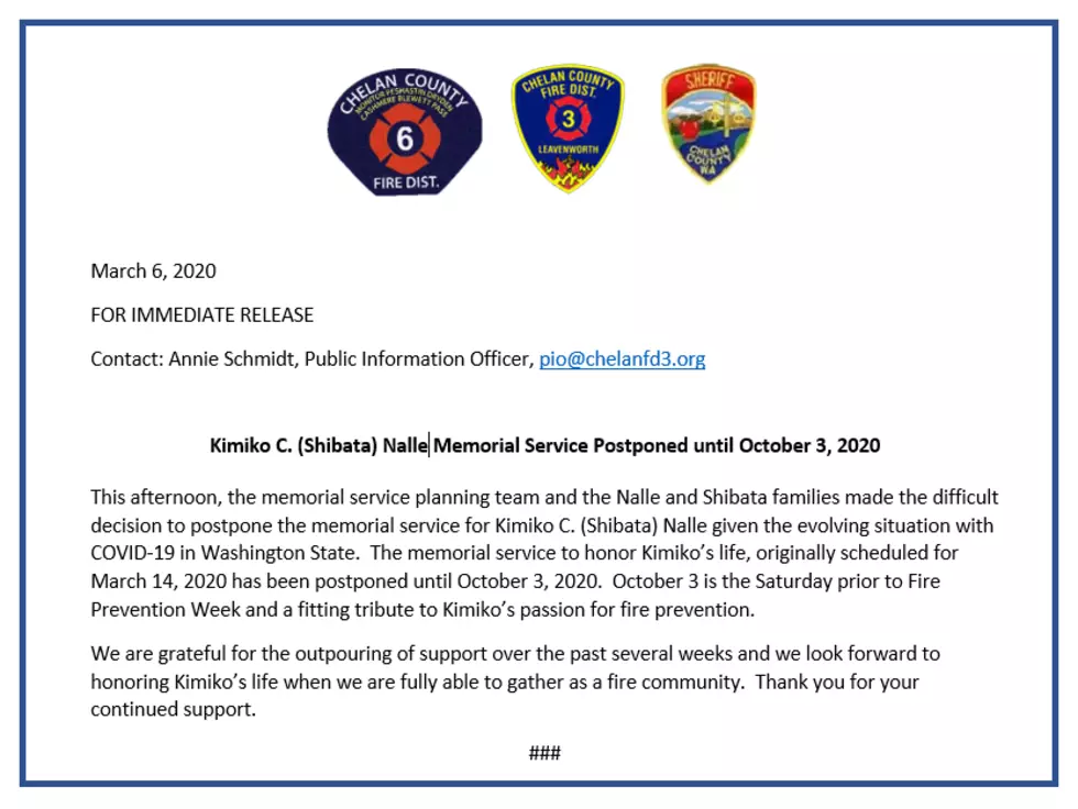 Chelan County Fire District 3 Postpones Nalle&#8217;s Memorial Service
