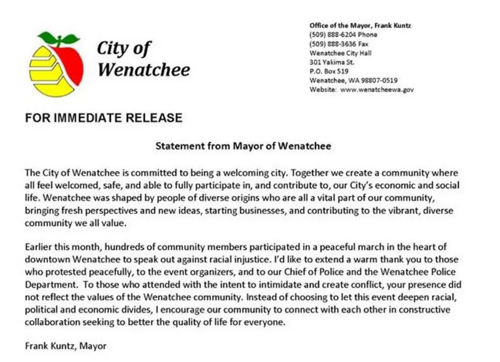 Wenatchee Mayor Frank Kuntz Releases Statement on Recent Protests