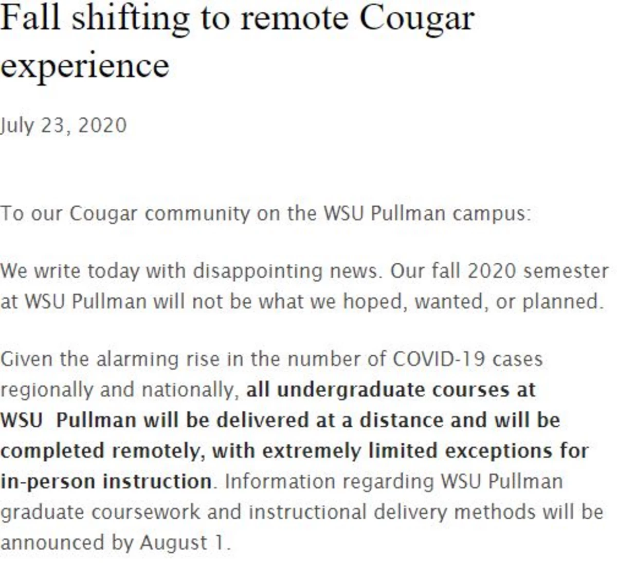 WSU Going Online for Fall Semester
