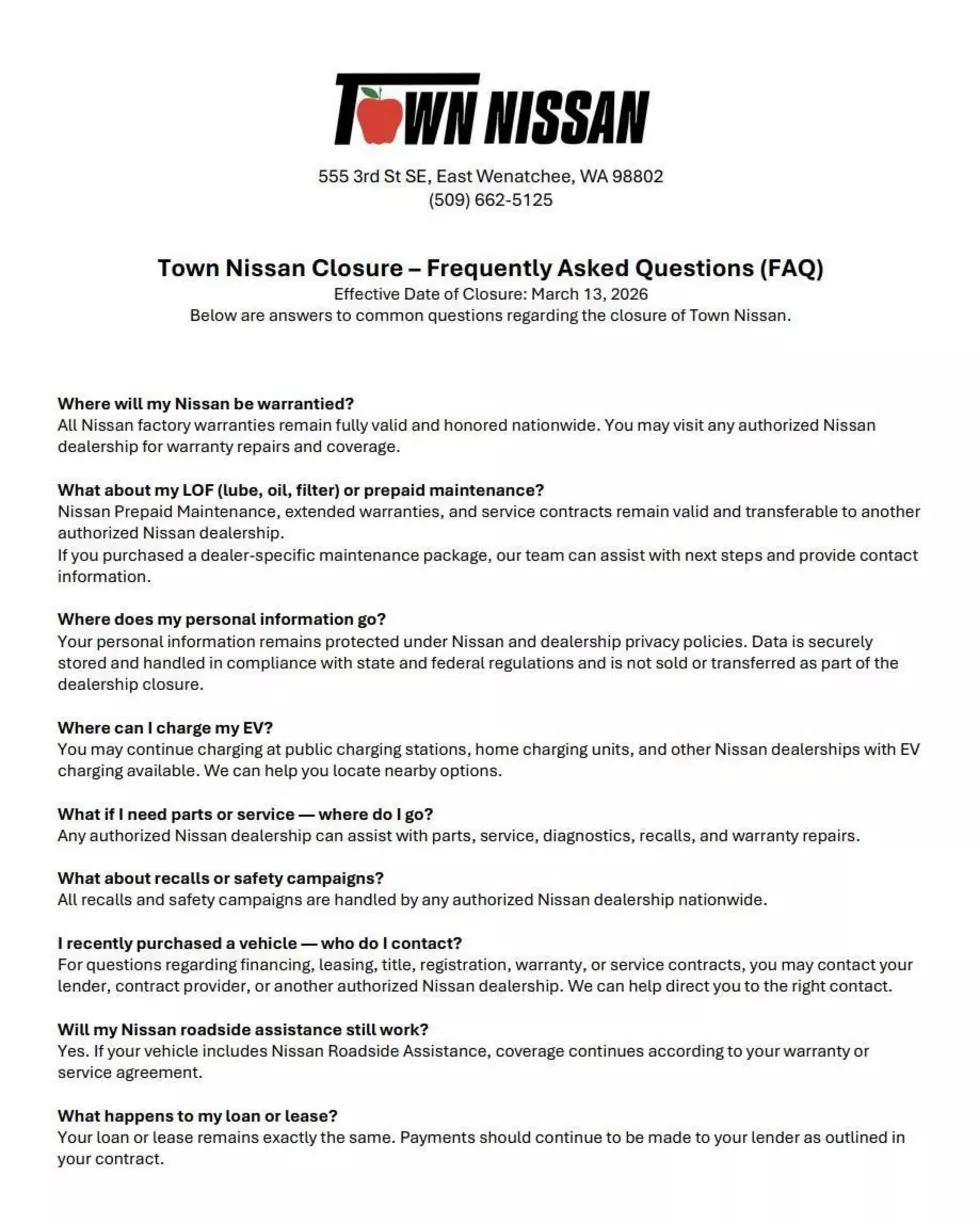 Statement and FAQ sheet issued by Town Nissan in East Wenatchee on Wednesday, Feb. 11. photo credit: Facebook