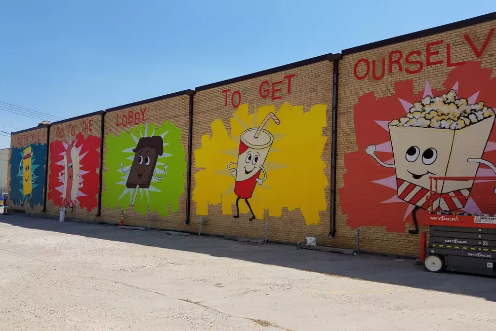 Five of the six panels in the mural "Let's All Go To The Lobby" adorning the north side of the North Grand Theater / Robin Travers