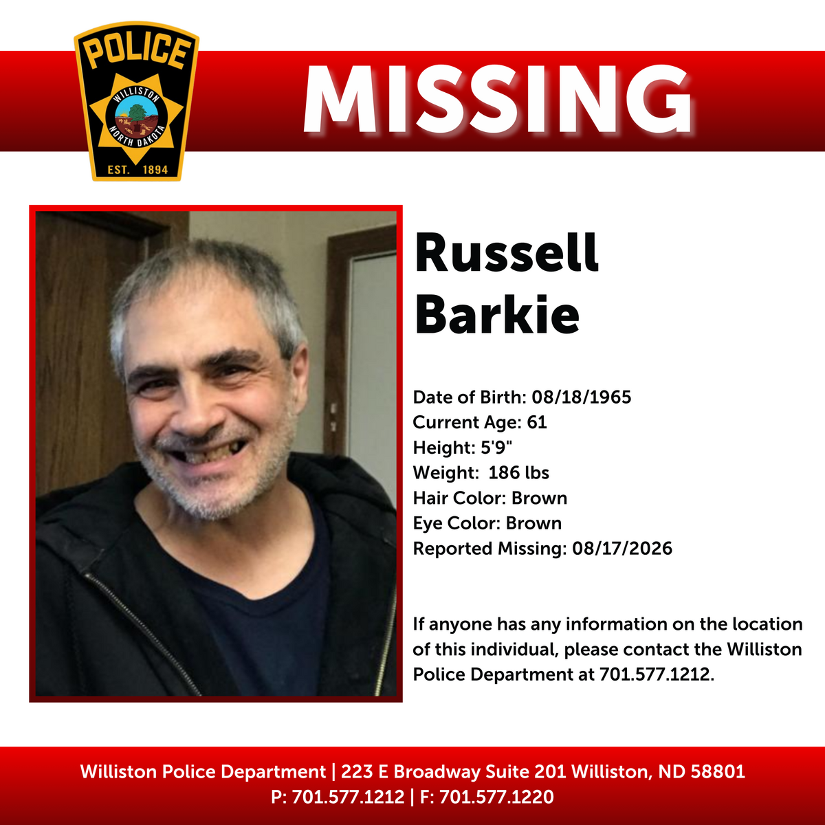 Williston Detectives Need Public Help Locating Missing North Dakota Man
