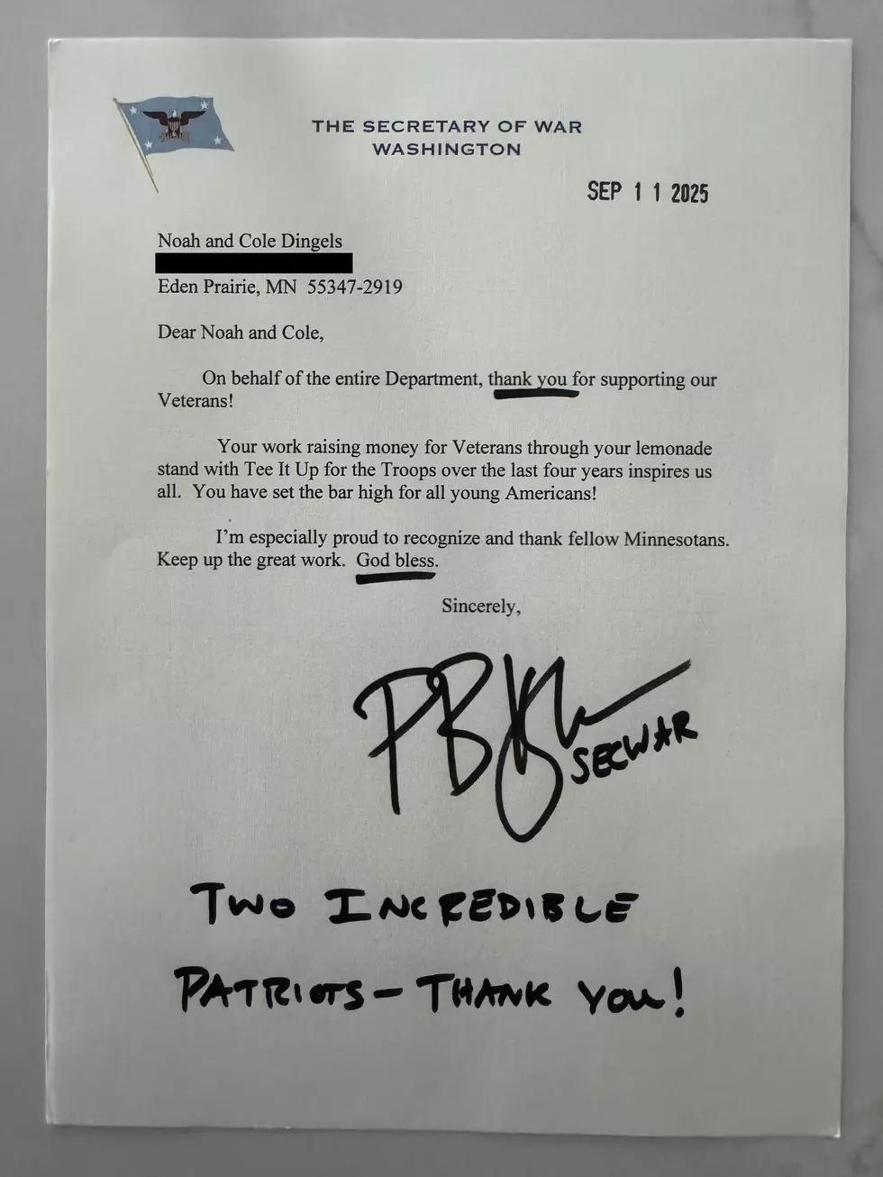 Letter From U.S. Secretary of War Pete Hegseth