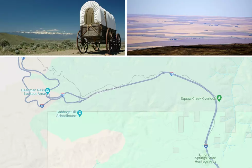 A Google map view of the general Deadman's pass area in Oregon, along with two photos along the trail - one looking down on Pendleton and one showcasing a covered wagon.