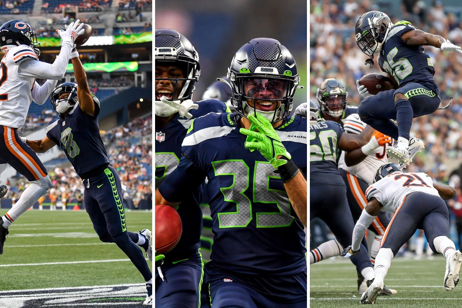 HOUSTON, TX - DECEMBER 12: Seattle Seahawks DE Darrell Taylor watches  action during game featuring the Houston Texans and the Seattle Seahawks on  December 12, 2021 at NRG Stadium in Houston, TX. (