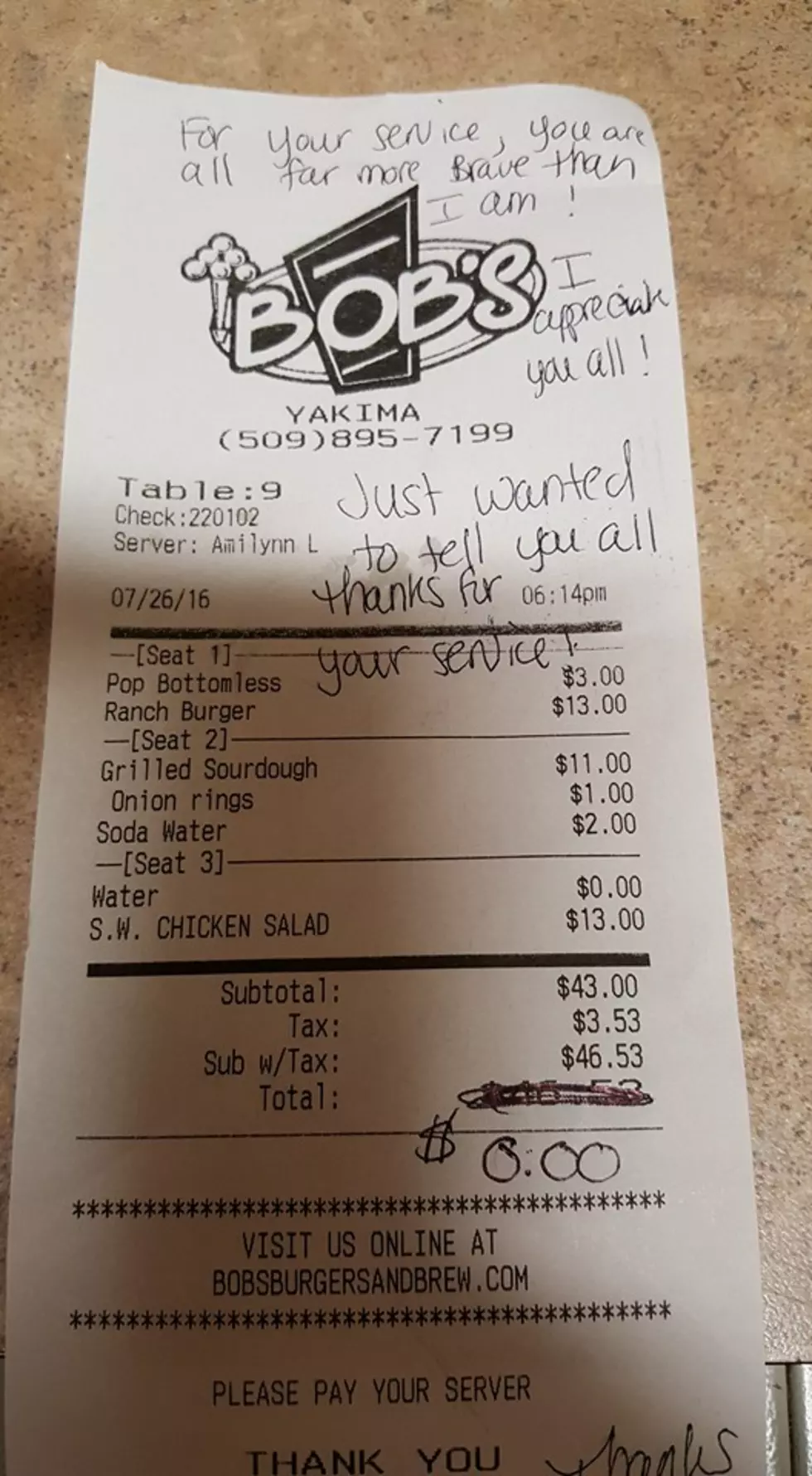 Yakima Restaurant Server Pays It Forward To Local Police