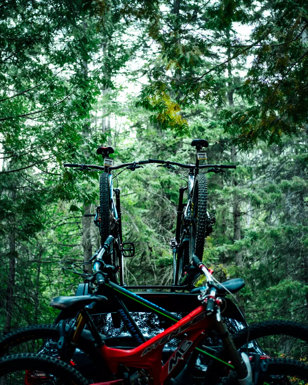bikes on top of a car, in a forestry area.