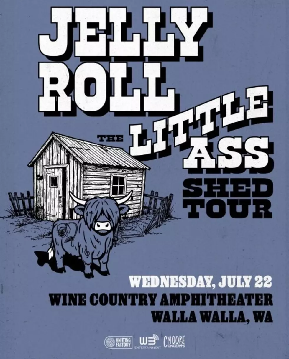 blue and white poster for a concert. Drawing of a shed and cow.