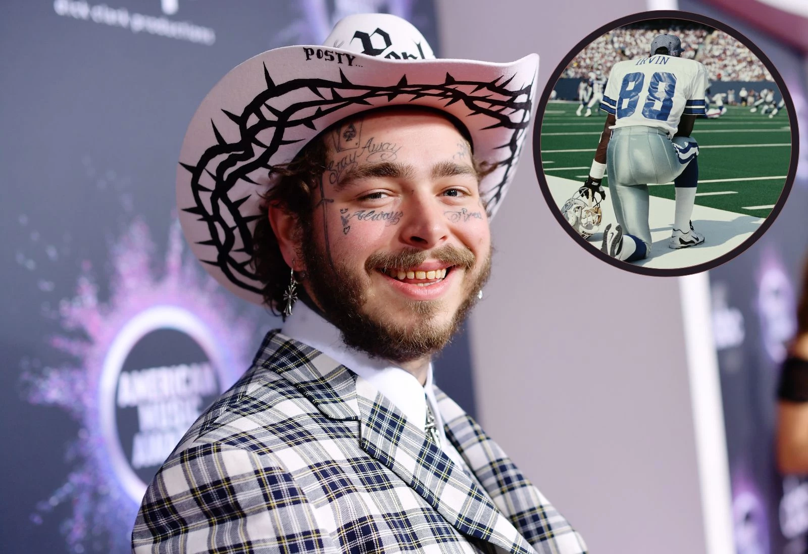 Post Malone wears upside down 'Dallas' True Brvnd hat