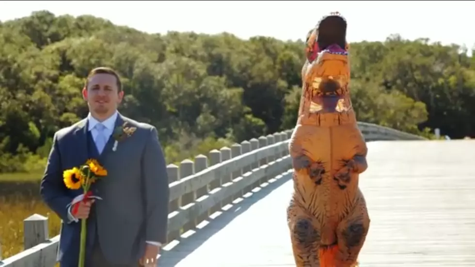 This Wife Rocks A T-Rex Costume During The &#8216;First Look&#8217; On Her Wedding Day