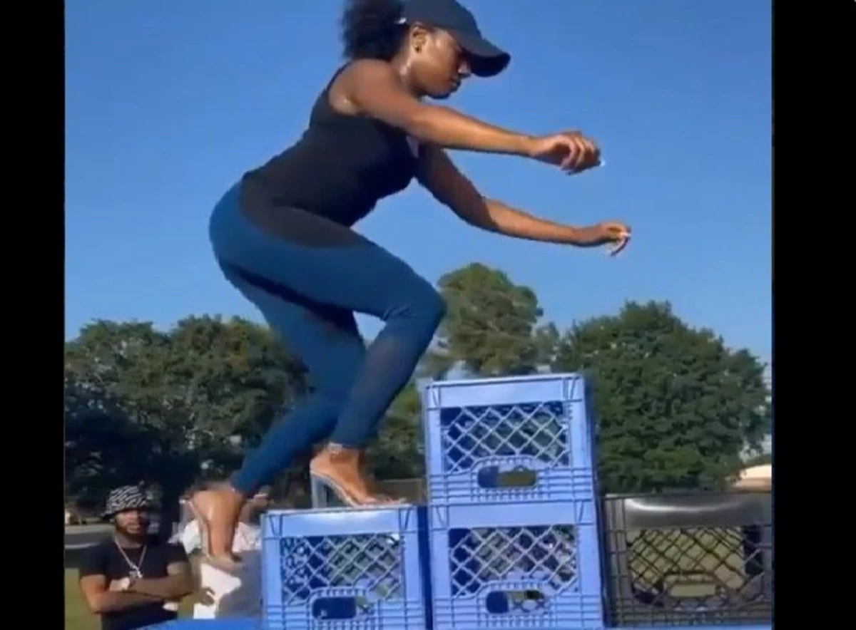 Woman Does Milk Crate Challenge in 4" Heels