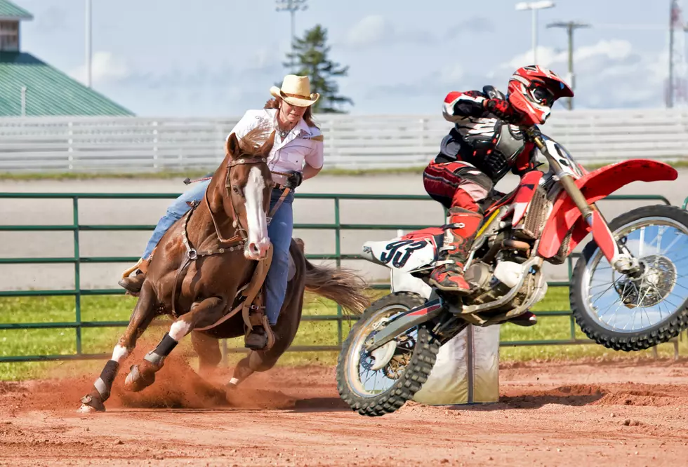 Barrel Racer Takes on Dirt Bike Rider at Rodeo