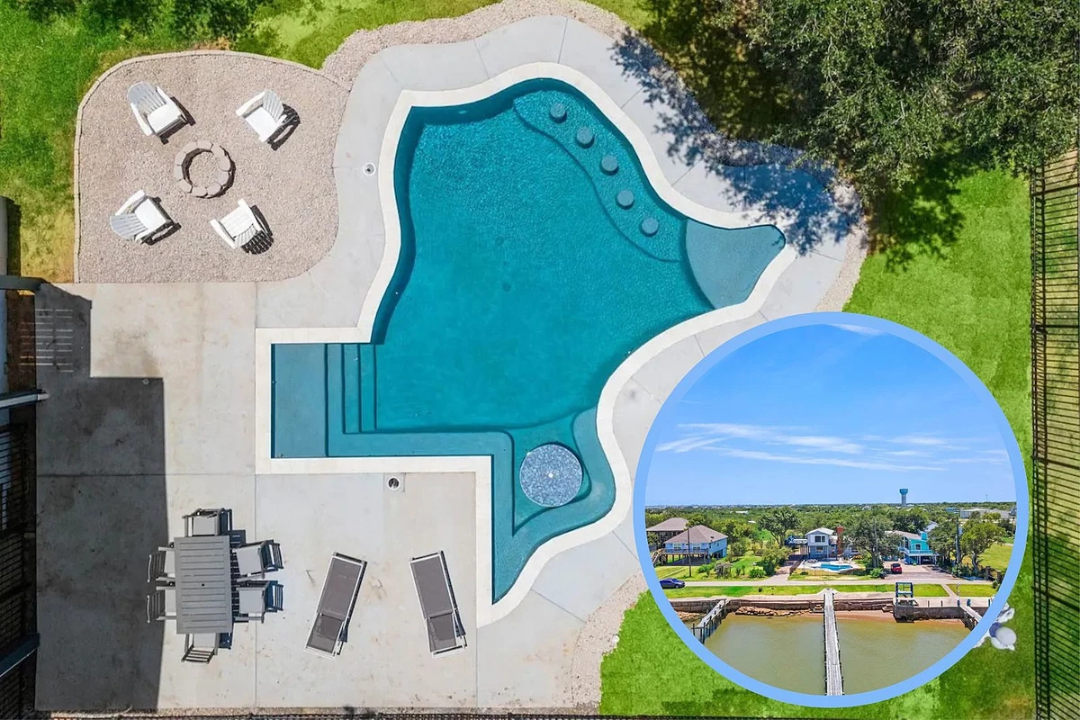 Airbnb with Big TexasShaped Pool & View of Galveston Bay