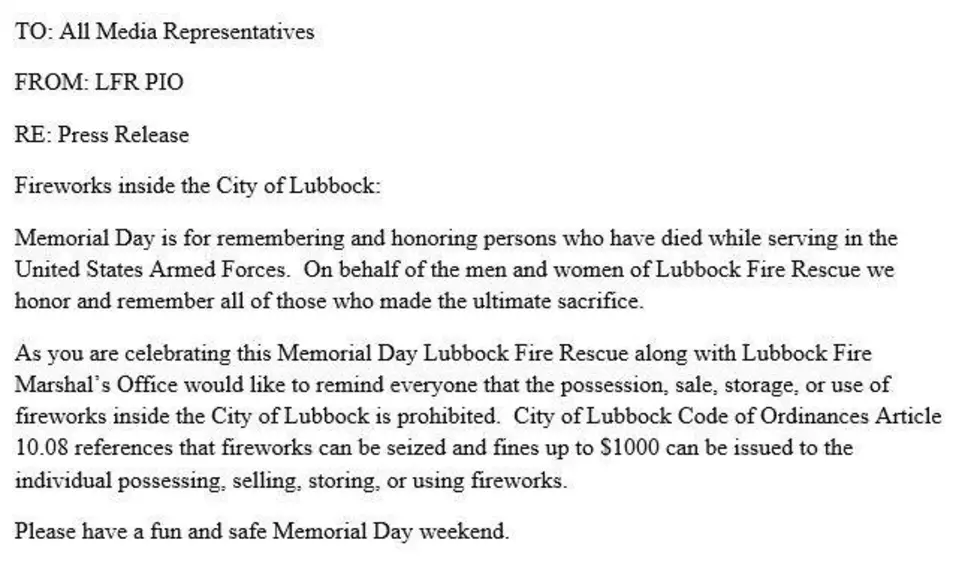 Lubbock Fire Rescue Issues Statement Regarding Memorial Day Fireworks