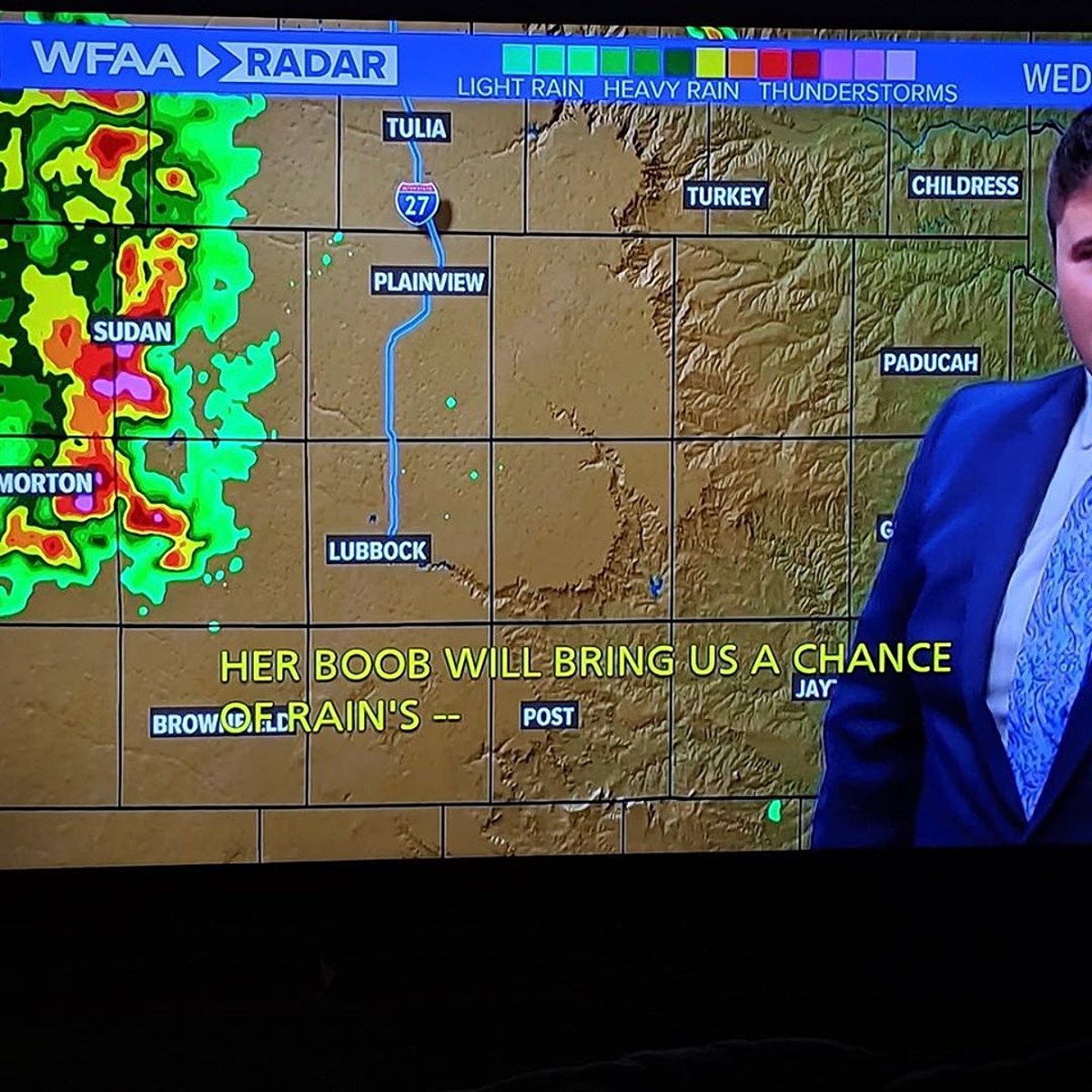 Hilarious Closed Captioning Flub Promises Chance of 'Boob Rain' i...
