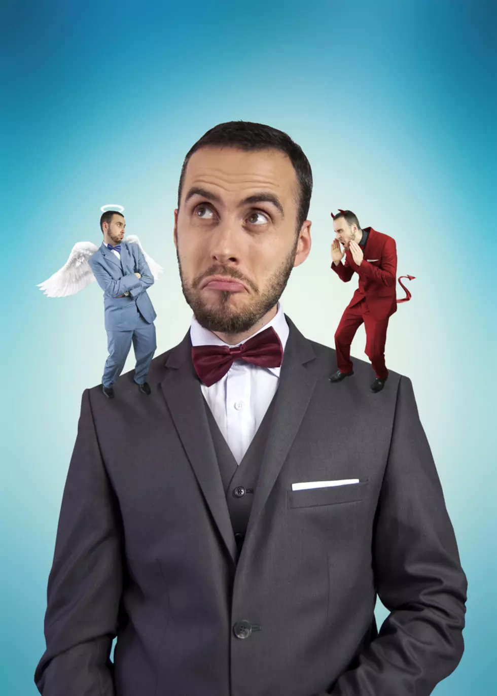 Businessman with angel and devil on his shoulders.