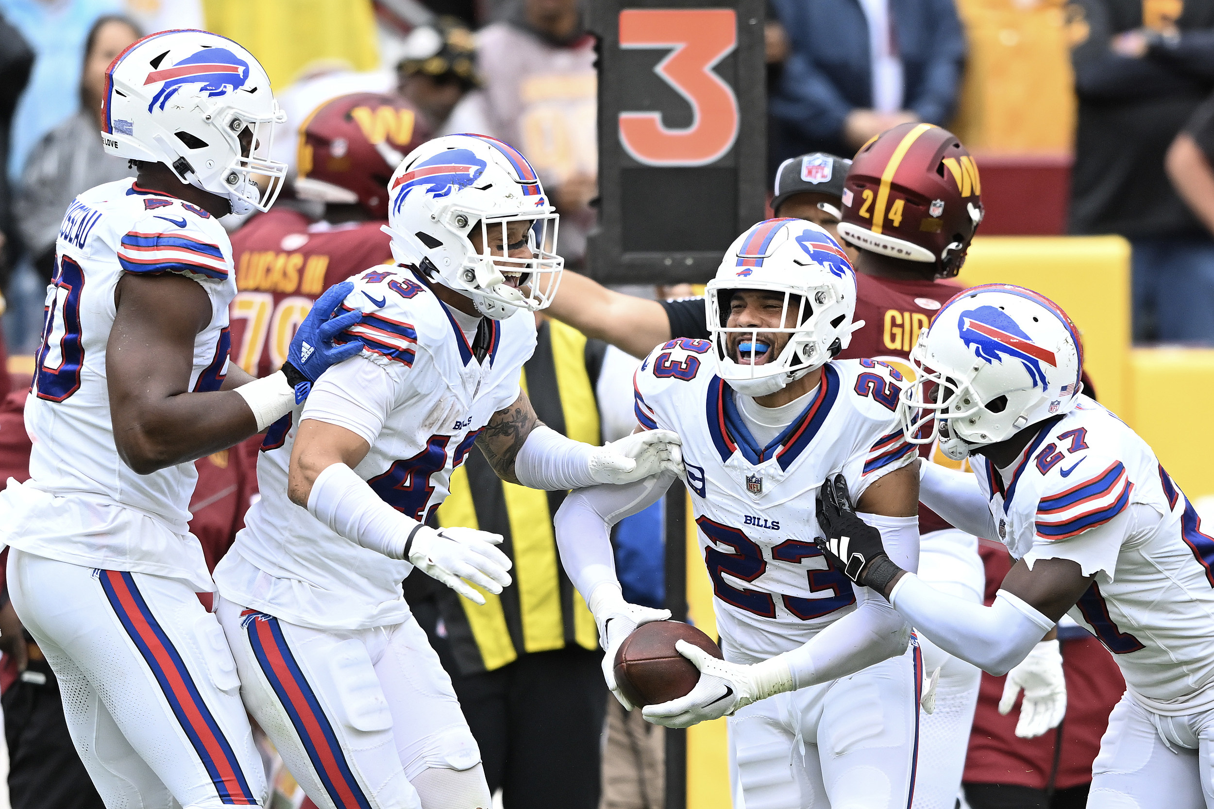 Buffalo Bills' Dorian Williams (42) tackles Las Vegas Raiders' Zamir White  (35) during the second half of an NFL football game, Sunday, Sept. 17,  2023, in Orchard Park, N.Y. The Bills won