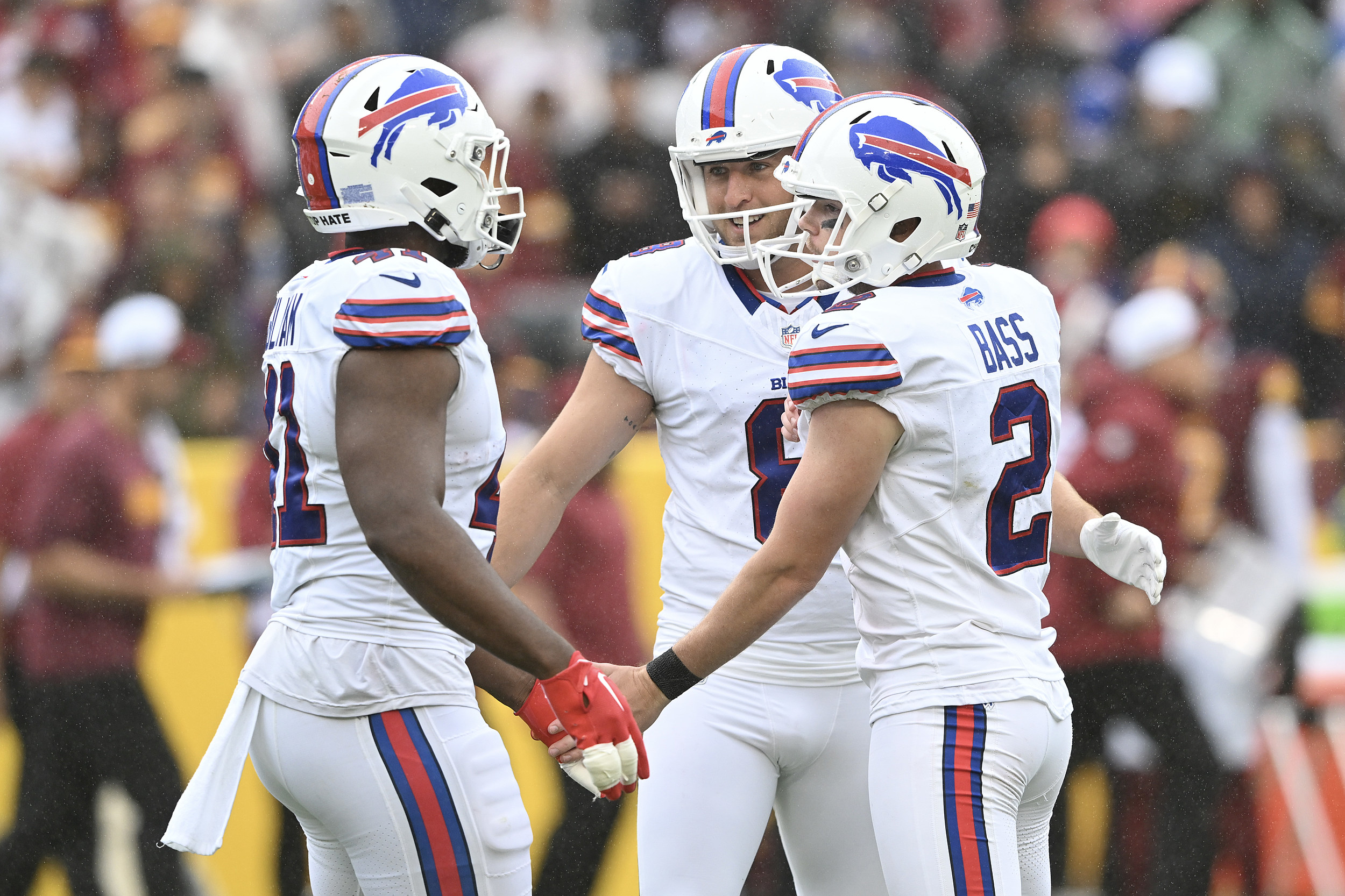 Buffalo Bills' Dorian Williams (42) tackles Las Vegas Raiders' Zamir White  (35) during the second half of an NFL football game, Sunday, Sept. 17,  2023, in Orchard Park, N.Y. The Bills won