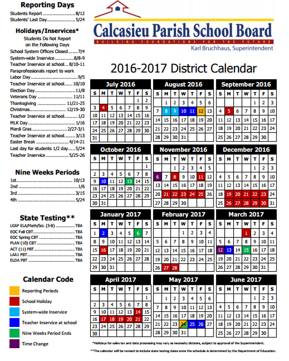 Louisiana School Board 2016 &#8211; 2017 School Year Calendars By The Parish