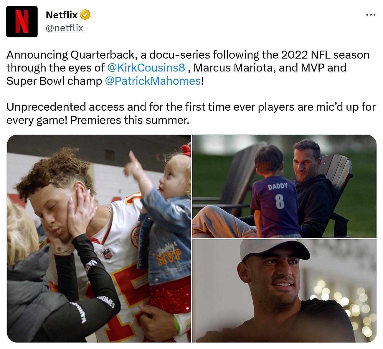 Netflix partners with NFL for new docu-series 'Quarterback' following  Patrick Mahomes, Kirk Cousins, Marcus Mariota