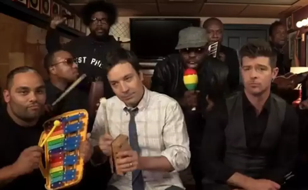 Jimmy Fallon, Robin Thicke, and the Roots Sing “Blurred Lines” with Classroom Instruments [VIDEO]