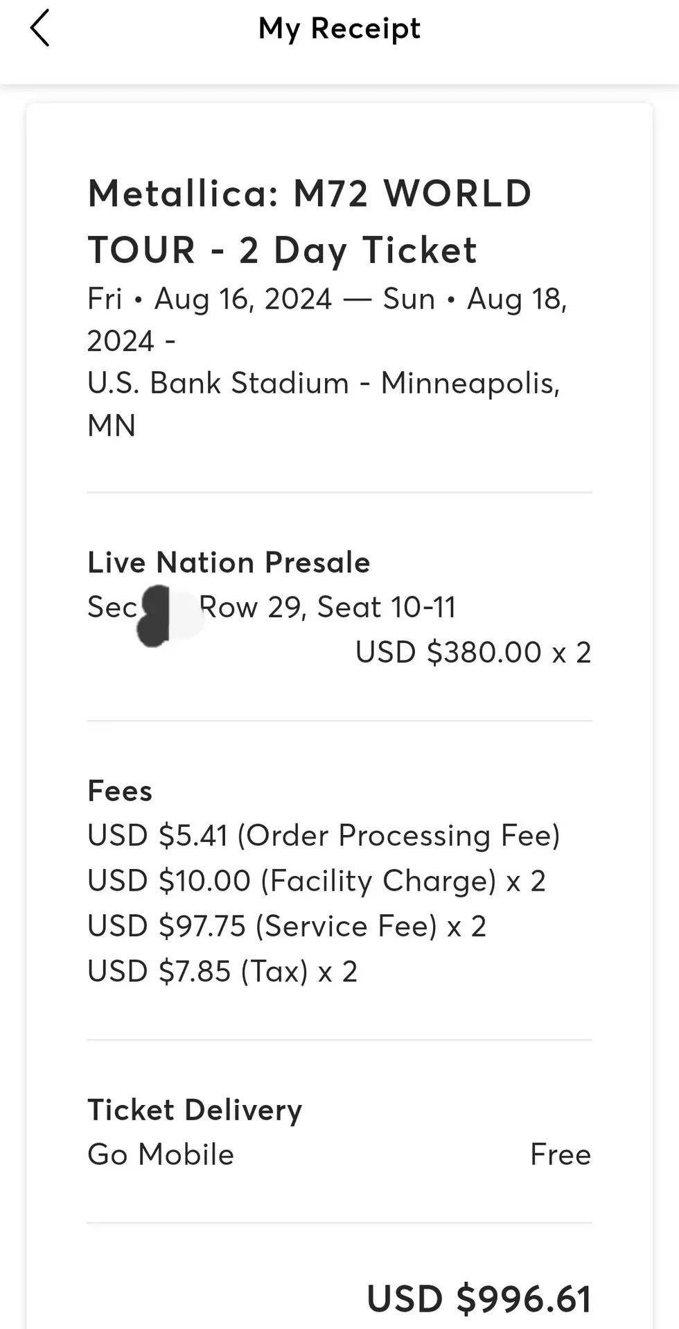 Metallica Ticket Receipt Screenshot: Joe Danger