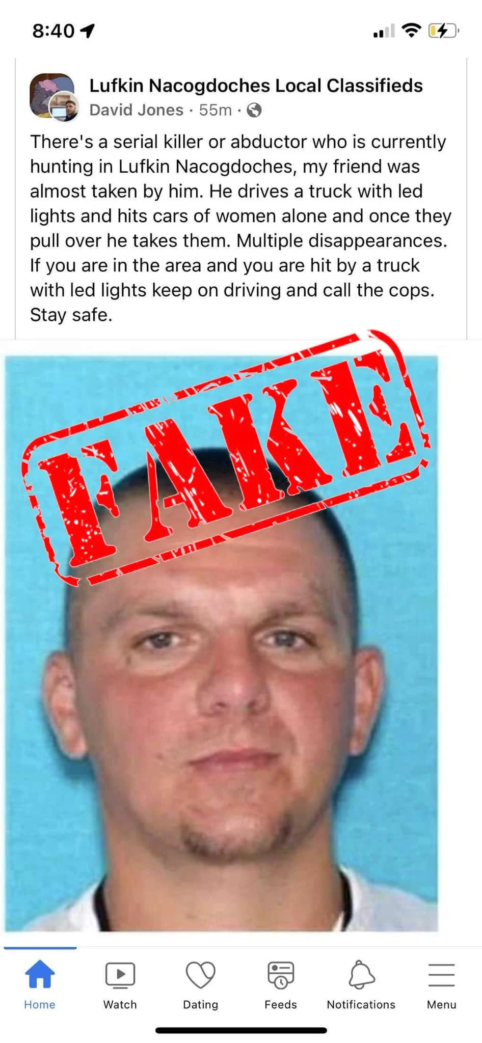 Fake Facebook Warning Of Serial Killer Spreading In Lufkin, Texas
