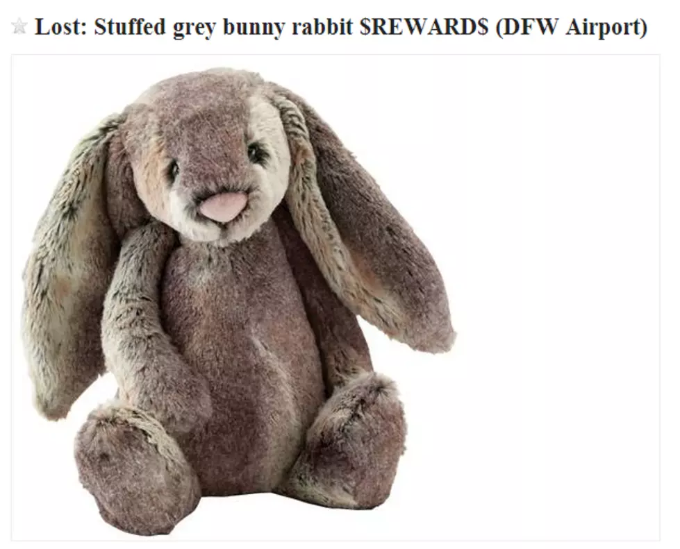 Craigslist Ad Offers Cash Reward for Safe Return of Stuffed Bunny Lost at DFW Airport