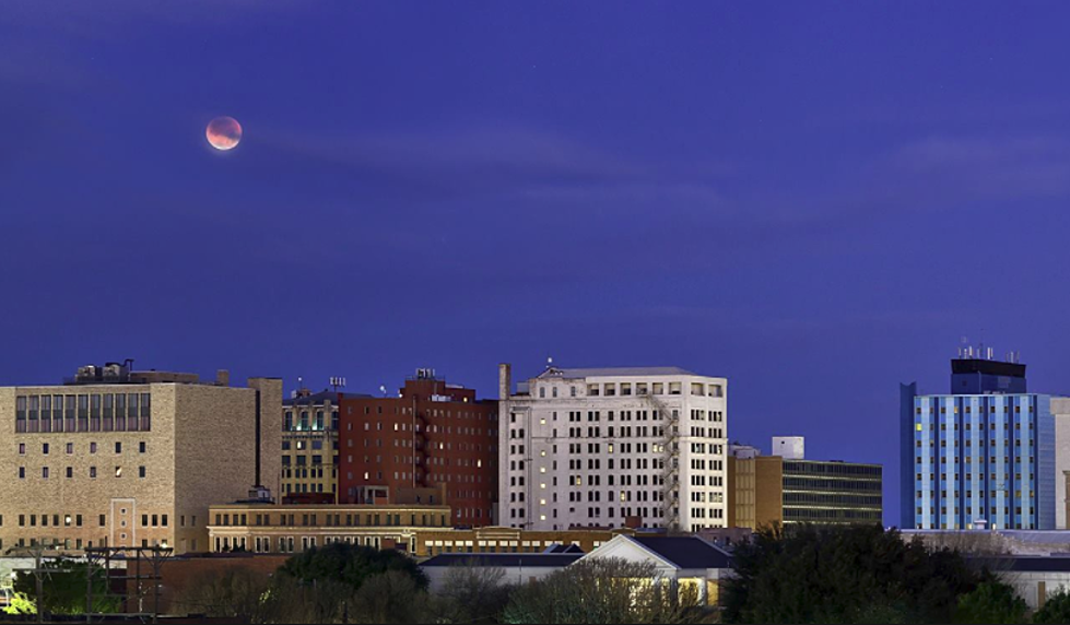 Photographer Shares Beautiful Panoramic Image of Super Blue Blood Moon Over Downtown Wichita Falls