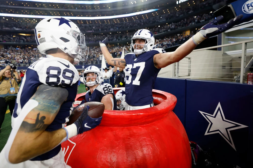 The Dallas Cowboys celebrate an interception by Trevon Diggs of the News  Photo - Getty Images