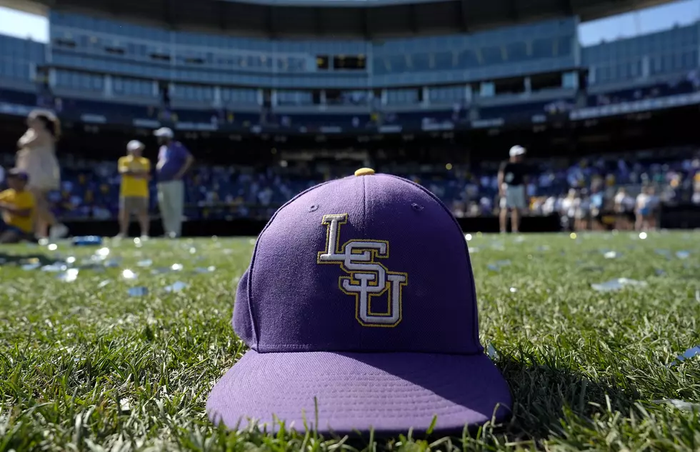 An LSU Tigers hat is seen on the field (Photo by Jay Biggerstaff/Getty Images)