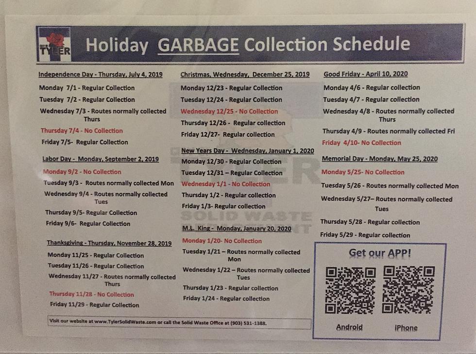 Updated City of Tyler Garbage Collection Schedule 2019-2020