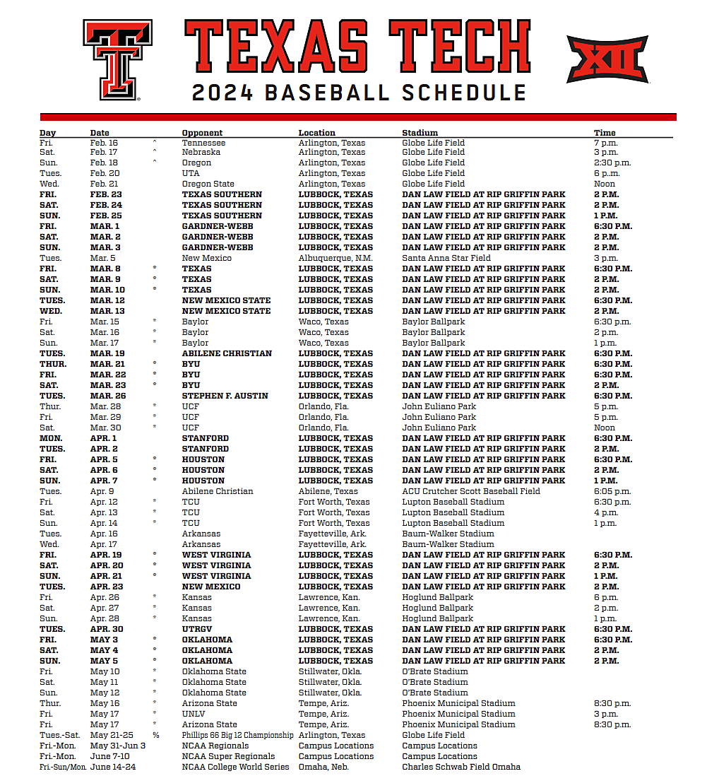 Texas Tech Baseball 2024 Schedule Glad Philis