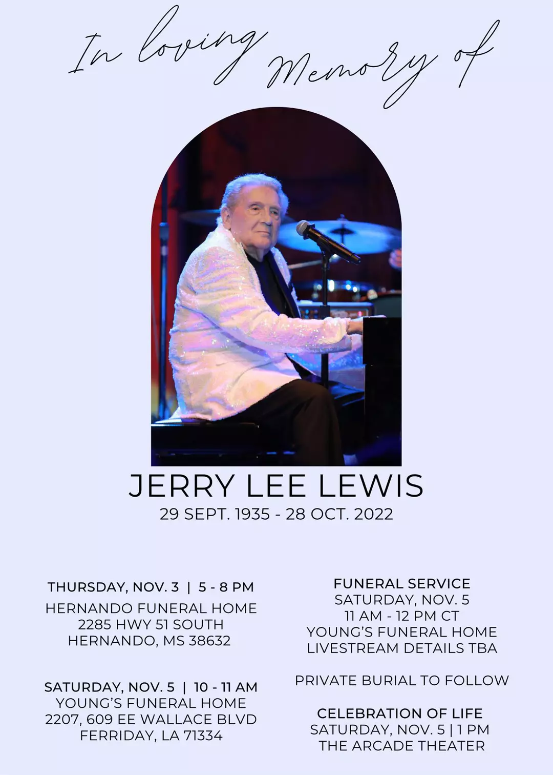 Jerry Lee Lewis' Funeral, Public Memorial Announced