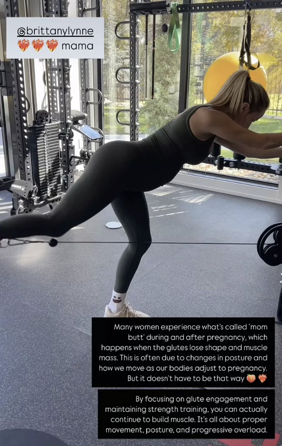 Screenshot of Brittany Mahomes doing glute kickbacks at the gym