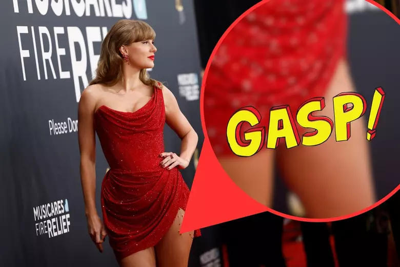 taylor swift red dress t chain Taylor Swift's Red Hot 2025 Grammys Jewelry Hints at Her Devotion (and Maybe 'Reputation')