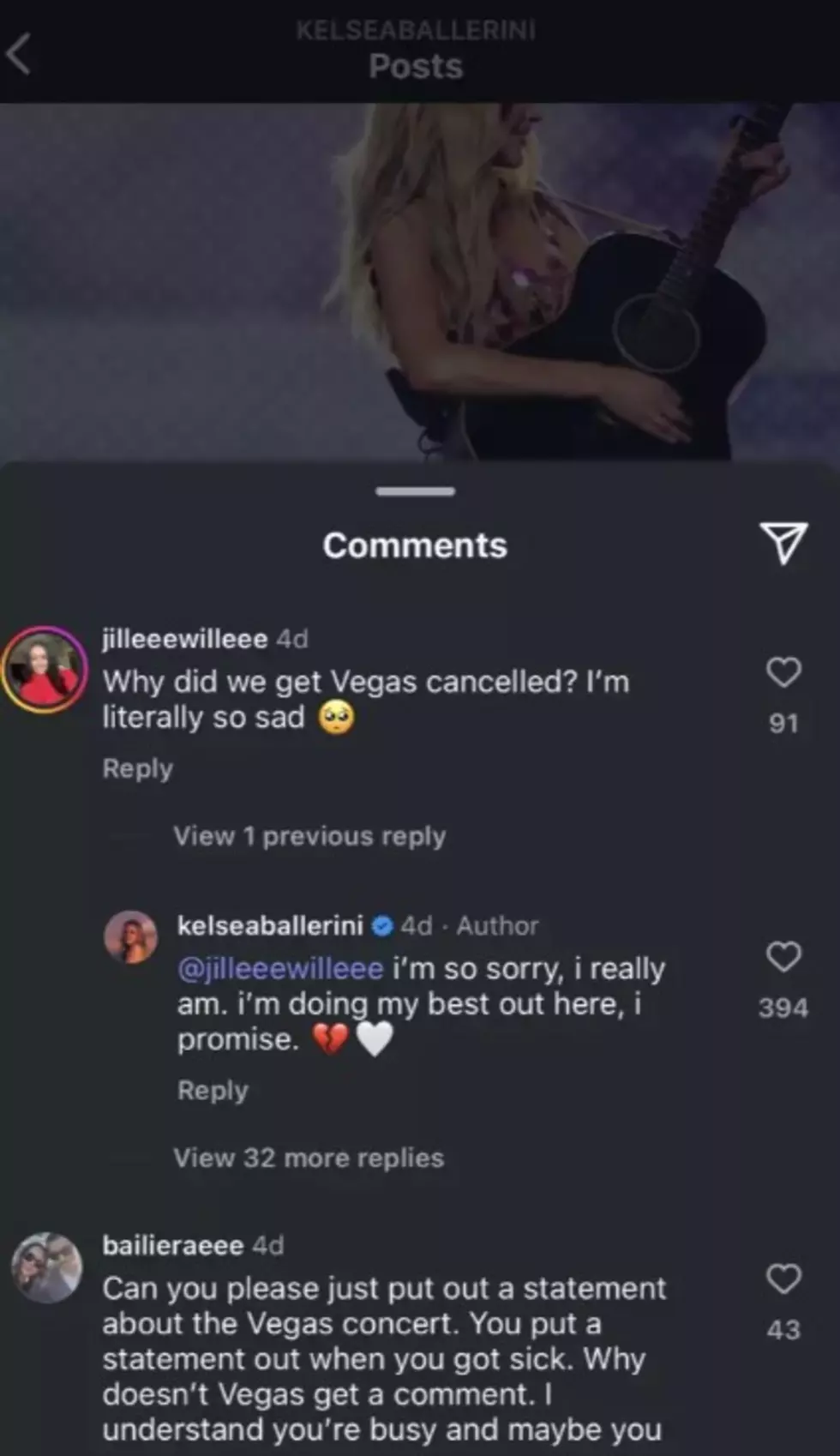 Screenshot of comment thread between Kelsea Ballerini and fan