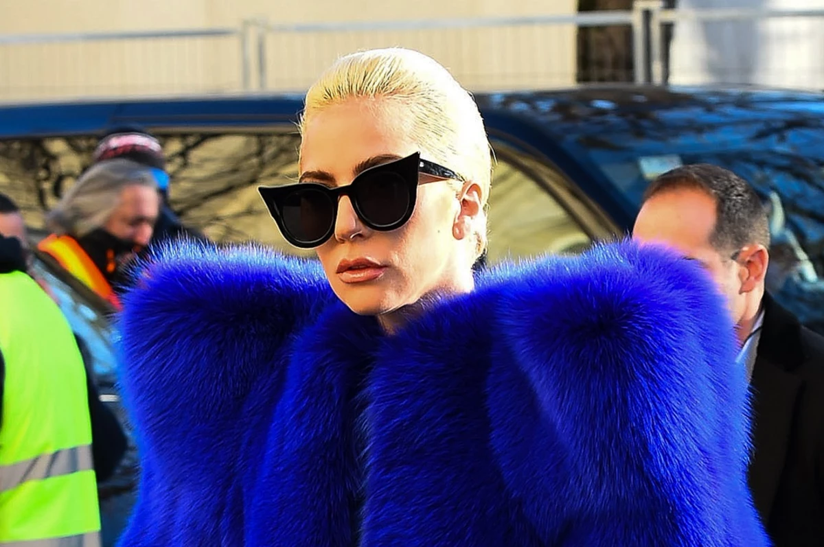 Lady Gaga Looks Chic in Paris Wearing Cookie Monster Blue Fur Coat