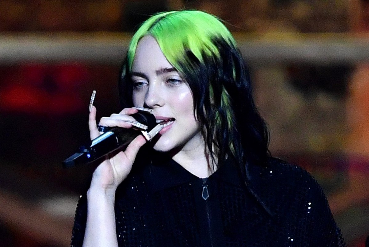 billie eilish blue and gold dress Billie Eilish Blue Polka Dot Dress