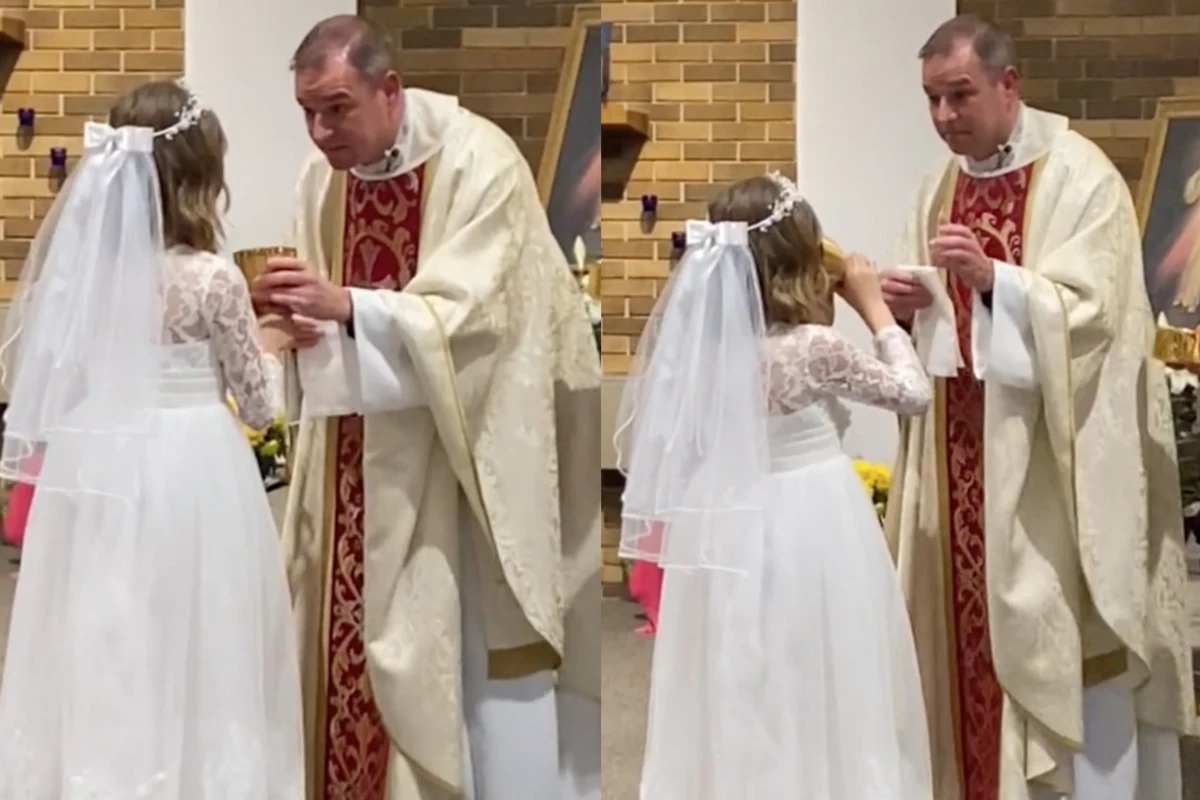 Two screenshots of the priest and 7-year-old girl during the communion 