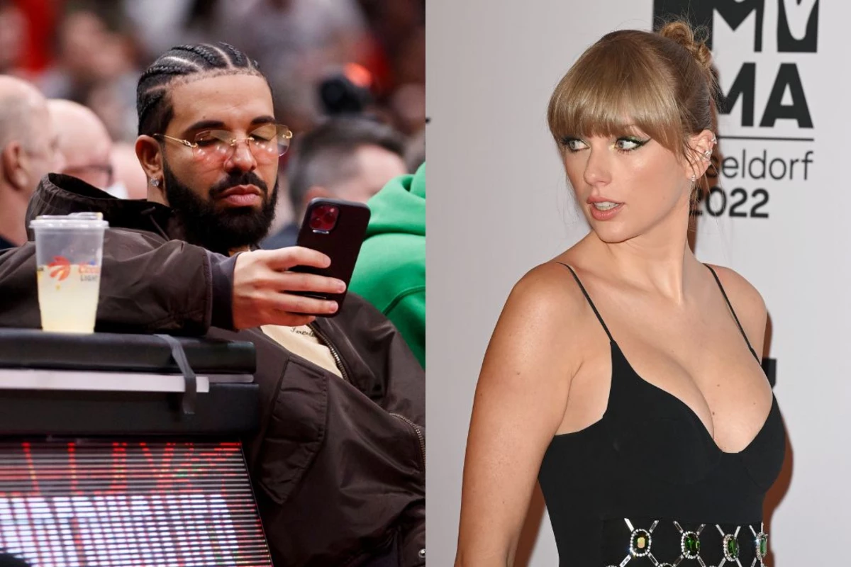  Side by side images of Drake looking at his phone and Taylor Swift looking to the right.