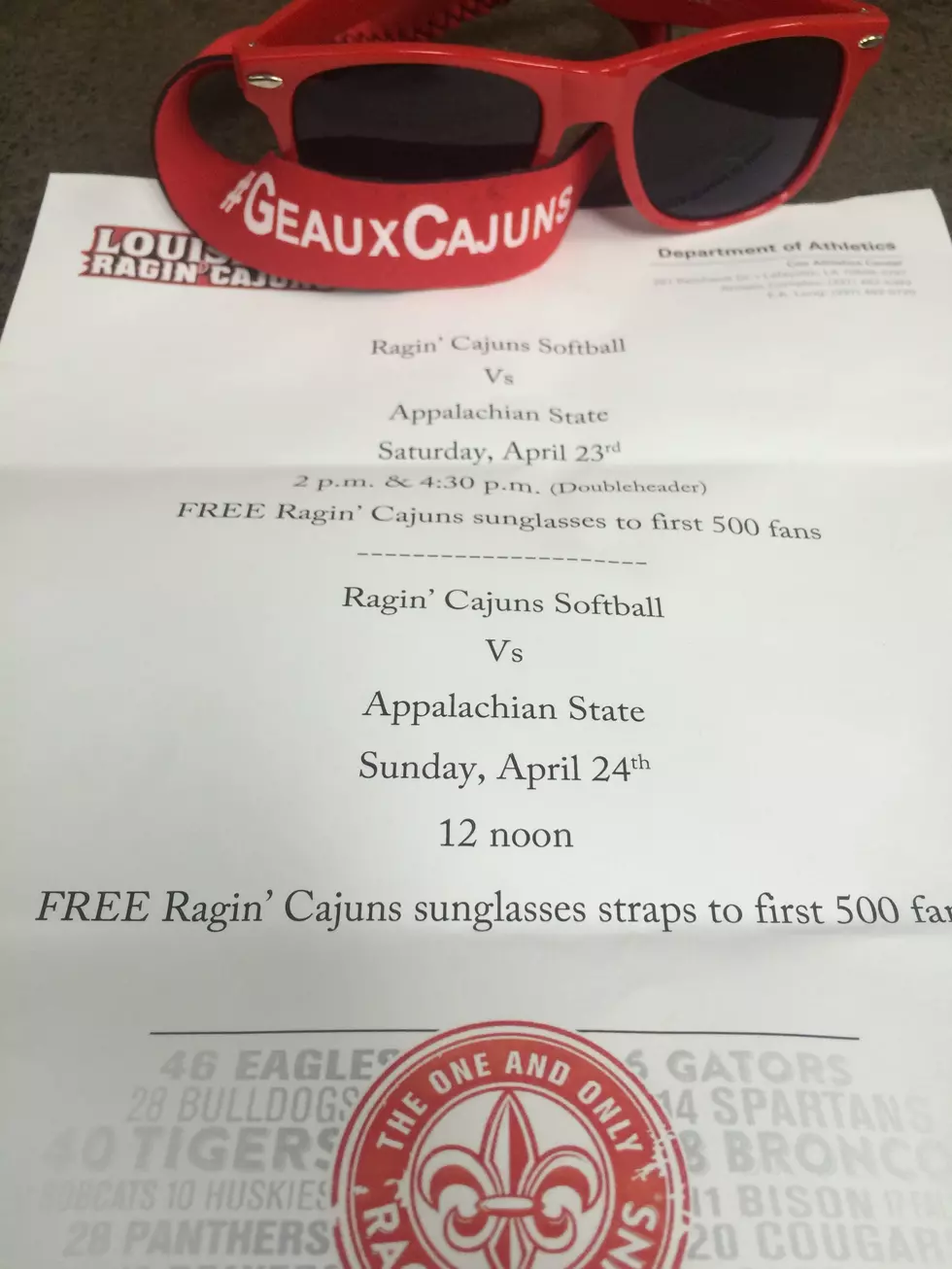 Free #GeauxCajuns Sunglasses and Strap At UL Softball Game Saturday And Sunday